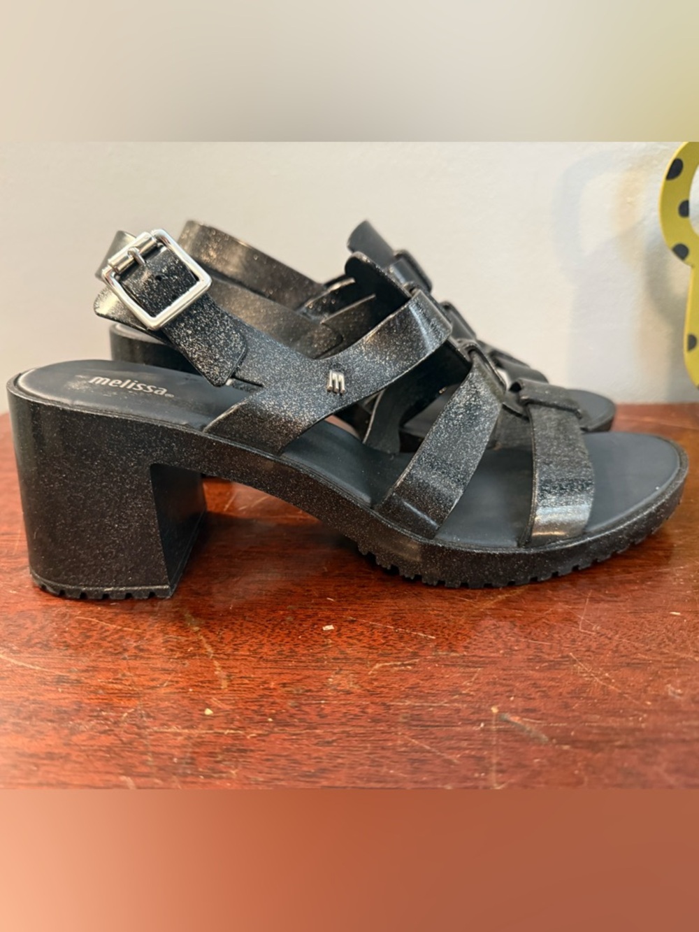 Melissa Black Glitter Block Heel Sandals with Buckle Jelly